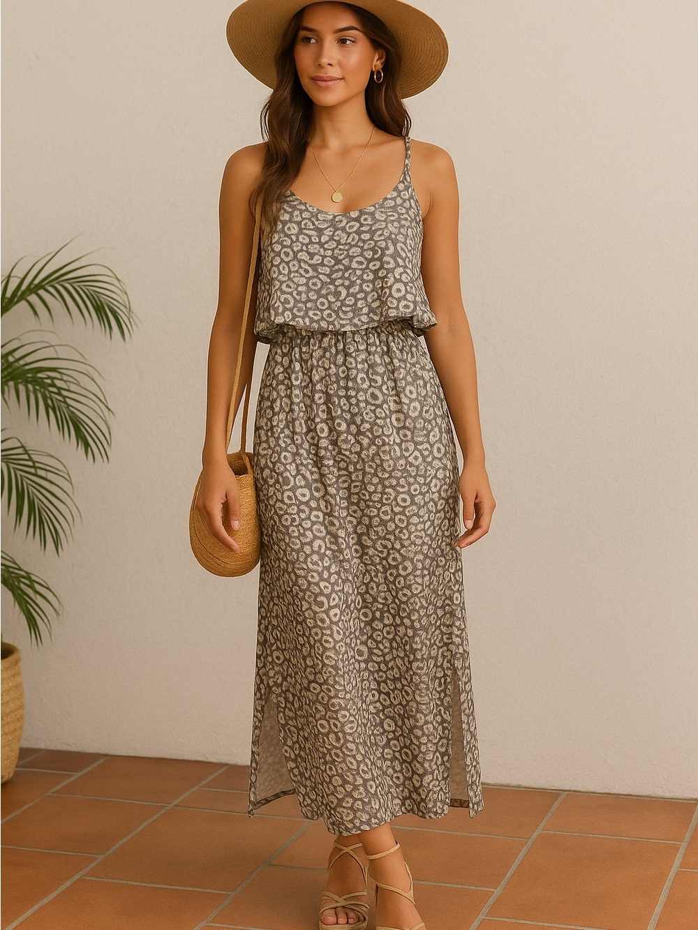 C. Luce Taupe Leopard-Print Spaghetti Strap Maxi Dress